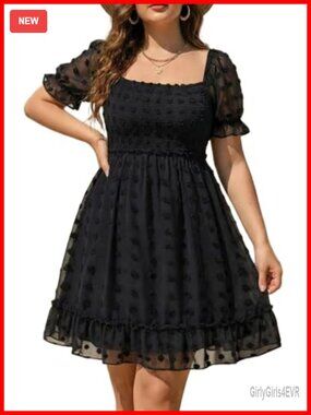 Plus Size Square Neck Puff Sleeve Swiss Dot Graduation Dress Off-Shoulder